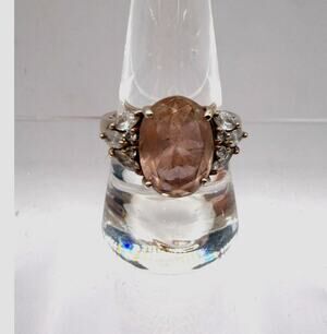 Signed BBJ 925 Rose Gold Plated Peach Stone & Rhinestone Ring-Sz 9